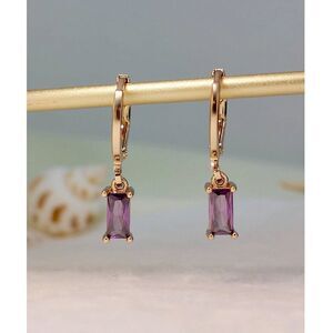 Emerald Cut Amethyst Purple Glass Drop Earrings Dangle Gold Pendant Delicate